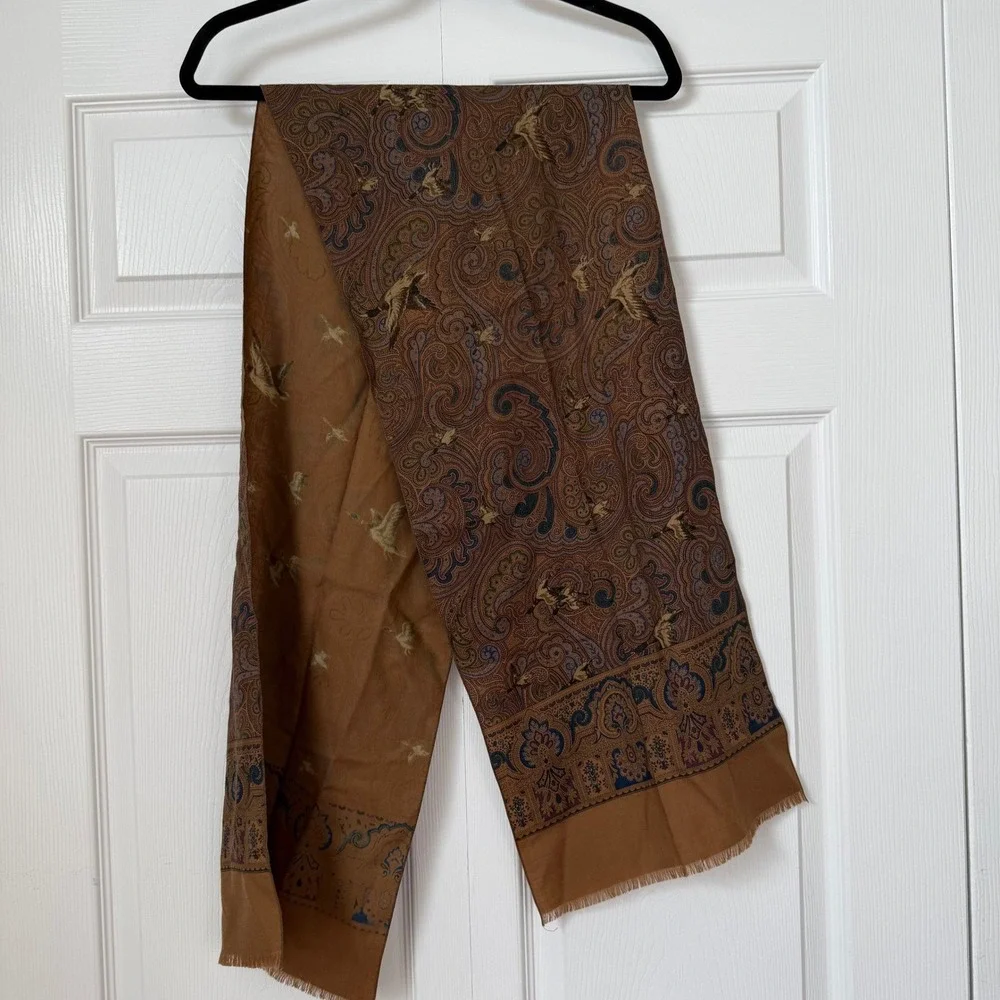 Vintage Reine Wolle Fine Wool Scarf Paisley Mallard Duck Print‎ Brown Copper 61
